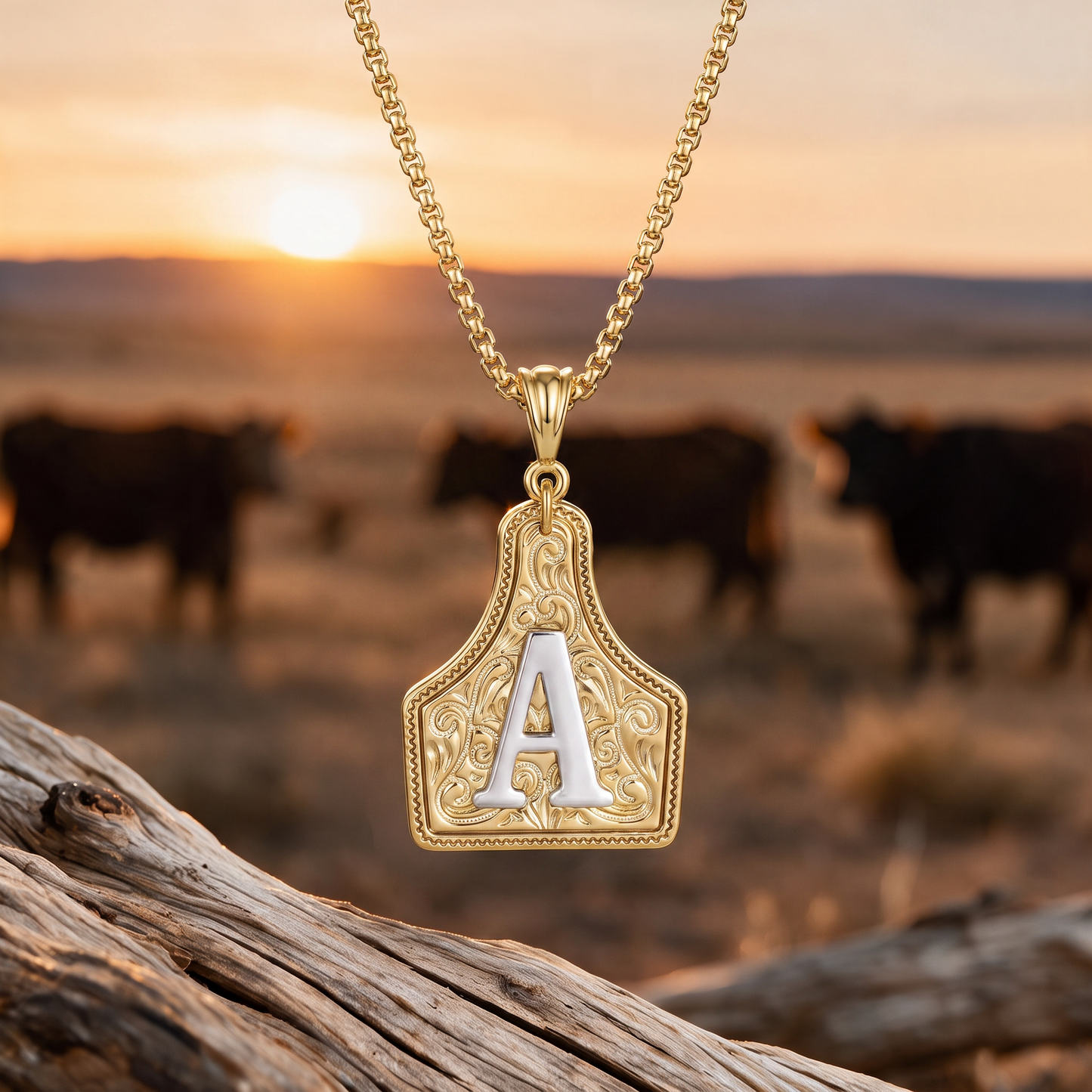 Western Initial Cow Tag Necklace